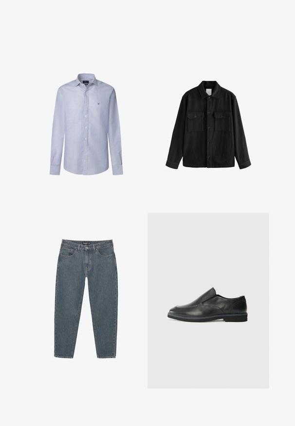 Černá oversized košile vyrobená z měkké látky, s dlouhými rukávy, dvěma náprsními kapsami, předním zapínáním na knoflíky a klasickým límcem.; Pruhovaná košile s dlouhým rukávem ve světle modré a bílé barvě z bavlny, s límečkem na knoflíky a malým vyšitým logem na hrudi.; Tmavomodré džíny s volným střihem, designem pěti kapes, zapínáním na knoflík a mírně obroubenými okraji. Odolný materiál s jemnou texturou.; Černá kožená nazouvací bota s hladkým svrškem, prošívanými detaily, zaoblenou špičkou a nízkým gumovým podpatkem. Podešev má minimální vzorek.
