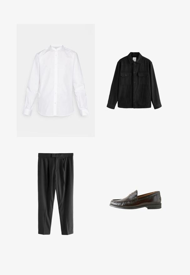 Must have suure ja pehmest kangast oversize-särk, millel on pikad varrukad, kaks rinnataskut, nööpidega esiosa ja klassikaline krae.; Valge pika varrukaga särk, millel on bändikaelus, nööbid ees ja nööpidega mansetid. Valmistatud siledast kangast, mis on kauni viimistlusega.; Next REGULAR FIT -CHECK SMART - Chino-püksid - black; Pruunist nahast loafersid, millel on siledat viimistlust, tikitud detailid, madal konts ja ümar varvas. Tald on mustast kummist, et tagada haardumus.