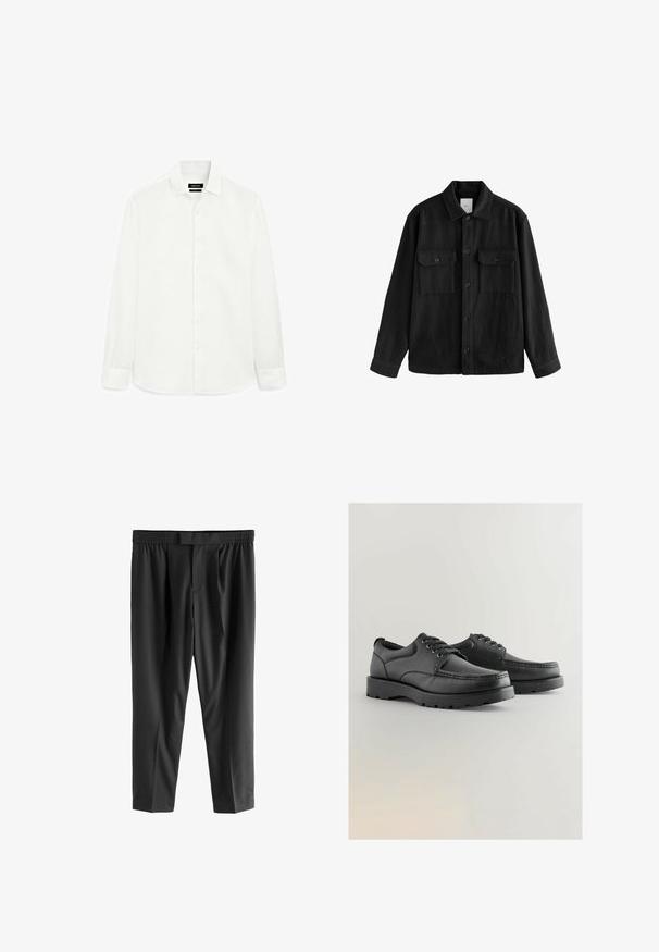 Svart oversized skjorta gjord av mjukt tyg, med långa ärmar, två bröstfickor, knappstängning fram och en klassisk kragsdesign.; Vit långärmad skjorta i mjukt tyg, med en klassisk krage, framknäppning och rak fåll. Ingen mönster eller detaljer.; Next REGULAR FIT -CHECK SMART - Chinos - black; Svarta läderskor med strukturerad ovandel, rund tå, snörningsdesign och tjocka gummisulor med mönstrad sula.