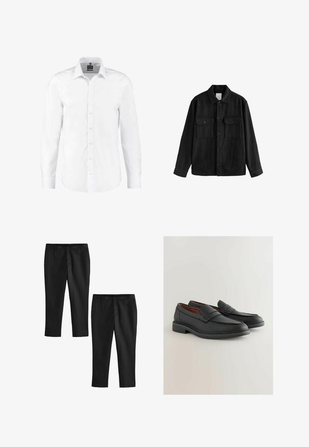 Czarna, oversize koszula wykonana z miękkiego materiału, z długimi rękawami, dwiema kieszeniami na piersi, z przodem zapinanym na guziki oraz klasycznym kołnierzem.; Biała koszula z długim rękawem, wykonana z gładkiego materiału, z klasycznym kołnierzykiem, z przodu zapinaną na guziki oraz mankietami z pojedynczymi guzikami. Bez wzorów ani zdobień.; Czarne eleganckie spodnie o gładkiej fakturze, z prostym krojem nogawki i średnim stanem. Pokazane są dwie pary, z czego jedna jest ścięta.; Czarne skórzane loafersy z teksturowanym wykończeniem, z przeszyciem wzdłuż brzegów i niskim blokowym obcasem. Gładkie wykończenie wewnętrzne.