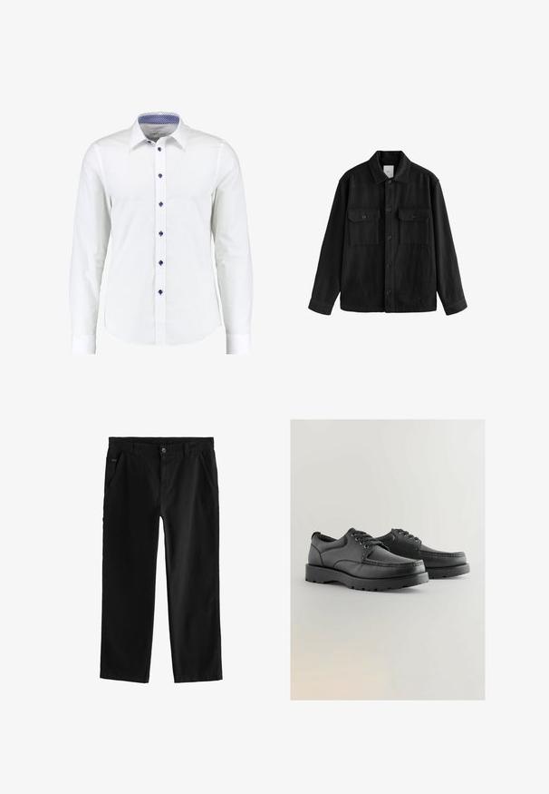 Must have suure ja pehmest kangast oversize-särk, millel on pikad varrukad, kaks rinnataskut, nööpidega esiosa ja klassikaline krae.; Valge pika varrukaga särk nööbiga kraega, millel on sinised aktsentnööd ja sinine ruuduline muster krae siseküljel.; Mustpeadest puuvillased püksid otselegii disainiga, millel on ees asuv nööbi sulgemine, kaldenurkadega külgtaskud ja peened õmblemise detailid.; Mustad nahast kingad tekstuuriga ülemise osa, ümmargune varvas, paelkinnitusega disain ja paksud kummist tallad, millel on pidurdamise muster.