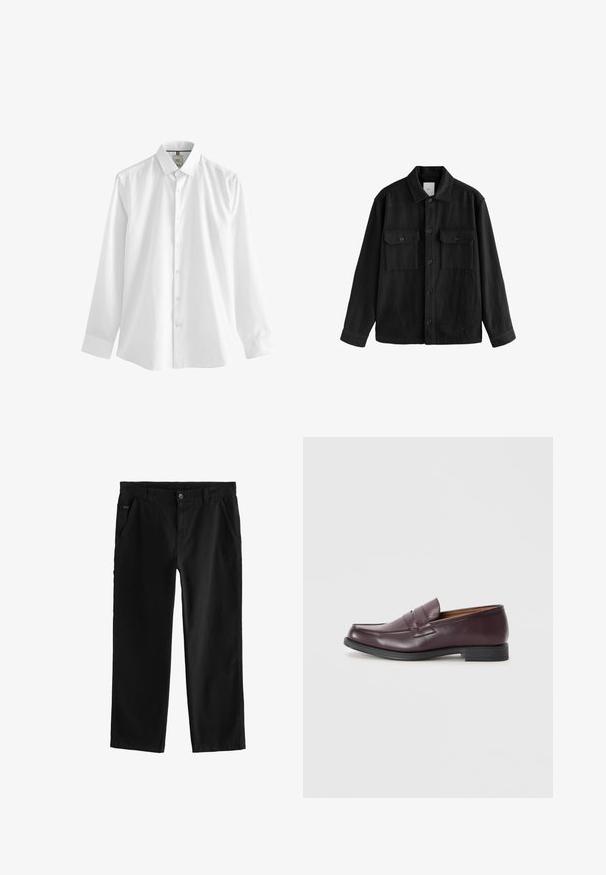 Must have suure ja pehmest kangast oversize-särk, millel on pikad varrukad, kaks rinnataskut, nööpidega esiosa ja klassikaline krae.; Valge pika varrukaga puuvillane särk, millel on klassikaline krae, eesnupud ja sirge hem, millel on sisetud varrukad.; Mustpeadest puuvillased püksid otselegii disainiga, millel on ees asuv nööbi sulgemine, kaldenurkadega külgtaskud ja peened õmblemise detailid.; Burgundi nahast loafers, millel on ümar varvas, peened tikandid ja madal must tall. Klassikaline disain minimaalse kaunistusega.