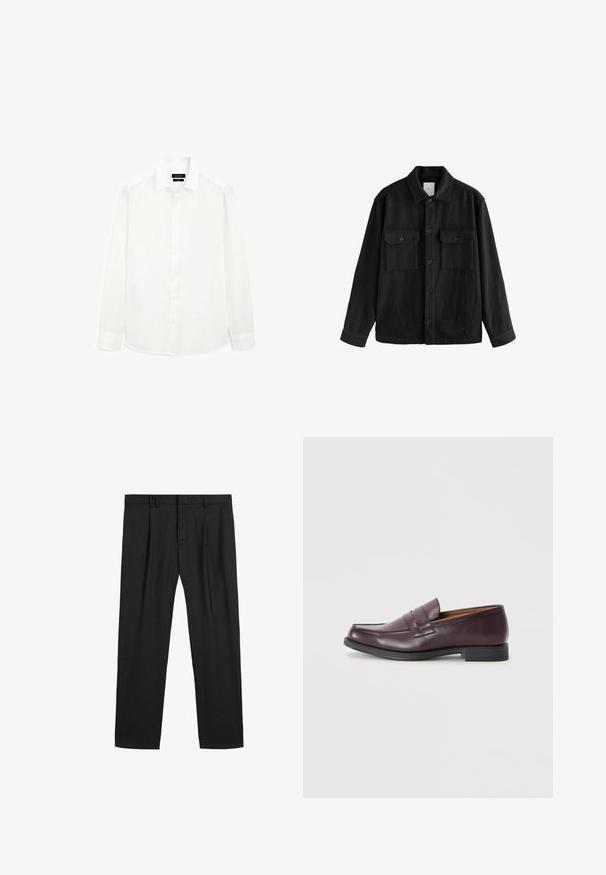 Camicia nera oversize in tessuto morbido, con maniche lunghe, due tasche sul petto, chiusura a bottoni e un classico design del colletto.; Camicia bianca a maniche lunghe con colletto classico, chiusura con bottoni sul davanti e orlo dritto. Realizzata in tessuto leggero con una consistenza liscia.; Pantaloni neri plissettati realizzati in un tessuto liscio, con una vita tradizionale e un design a gamba dritta. Nessun motivo visibile o elementi in metallo.; Mocassini in pelle bordeaux con punta arrotondata, dettagli cuciti discreti e suola nera bassa. Design classico con minimalismo negli ornamenti.