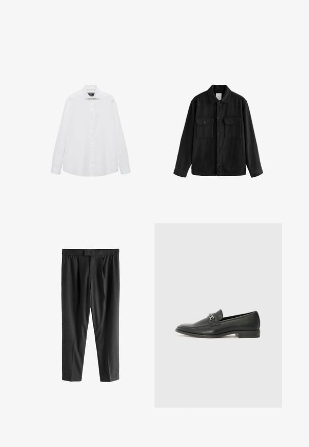 Musta ylipitkä paita, joka on valmistettu pehmeästä kankaasta. Paidan ominaisuuksiin kuuluvat pitkät hihat, kaksi rintataskua, nappisulku ja klassinen kaulussuunnittelu.; Valkoinen pitkähihaisen paita, jossa on terävä kaulus, edessä napitus ja sileä pinta. Ei kuvioita tai koristeita.; Next REGULAR FIT -CHECK SMART - Chinot - black; Musta nahkakengät, joissa on sileä pinta, koristeelliset ompeleet ja metalliketjun yksityiskohta kengän päällä. Littee korko.