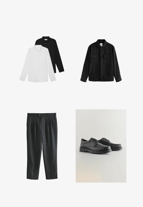 Crna oversized košulja od mekog materijala, s dugim rukavima, dva džepa na prsima, gumbom sprijeda i klasičnim dizajnom ovratnika.; Bijele i crne košulje dugih rukava s oštrim kragnama, prednjim gumbima i glatkom teksturom tkanine. Oznake su vidljive na unutarnjoj strani vrata.; Sive prugaste hlače s naboranim prednjim dijelom, izrađene od glatkog materijala, s kopčanjem na dugme i ravnim nogavicama.; Crne kožne cipele s teksturiranim gornjim dijelom, okruglim nosom, dizajnom s vezanjem i debelim gumenim potplatima s uzorkom za hodanje.
