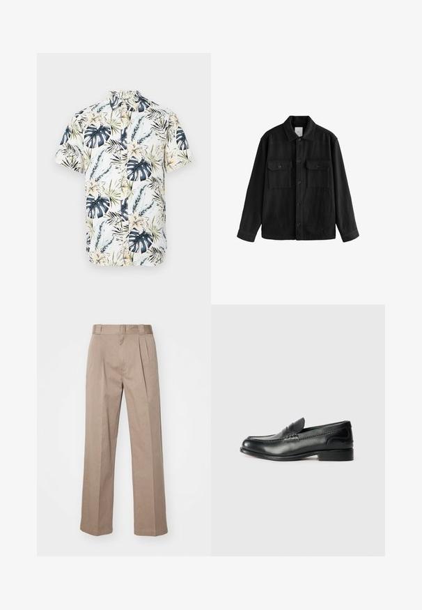 Fekete, túlnyúló ing puha anyagból, hosszú ujjakkal, két mellzsebbel, gombos elülső résszel és klasszikus gallér dizájnnal.; Rövid ujjú ing fehér alappal, trópusi mintával, kék és zöld levelekkel, sárga virágokkal és gombos elülső résszel.; Beige, magas derekú, széles lábú nadrág. Két elülső redővel és sima textúrával rendelkezik. Normál hosszúságú, tiszta kivitelezéssel.; Fekete bőr mokaszinok sima felülettel, varrott részletekkel a lábfej részen és kissé megemelt sarokkal.