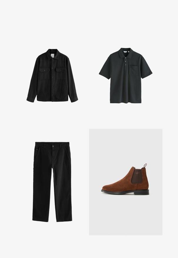 Crna oversized košulja od mekog materijala, s dugim rukavima, dva džepa na prsima, gumbom sprijeda i klasičnim dizajnom ovratnika.; Crna polo majica izrađena od pamuka, s ovratnikom, zatvaranjem na tri dugmeta, kratkim rukavima i džepom na prsima.; Crne pamučne hlače s ravnim nogavicama, s prednjim zatvaranjem na dugme, koso postavljenim bočnim džepovima i suptilnim detaljima šivanja.; Smešani smeđi čizmi Chelsea od antilopa s elastičnim bočnim panelom, petnom petljom, crnim potplatom i suptilnim "GANT" logotipom na bočnom panelu.