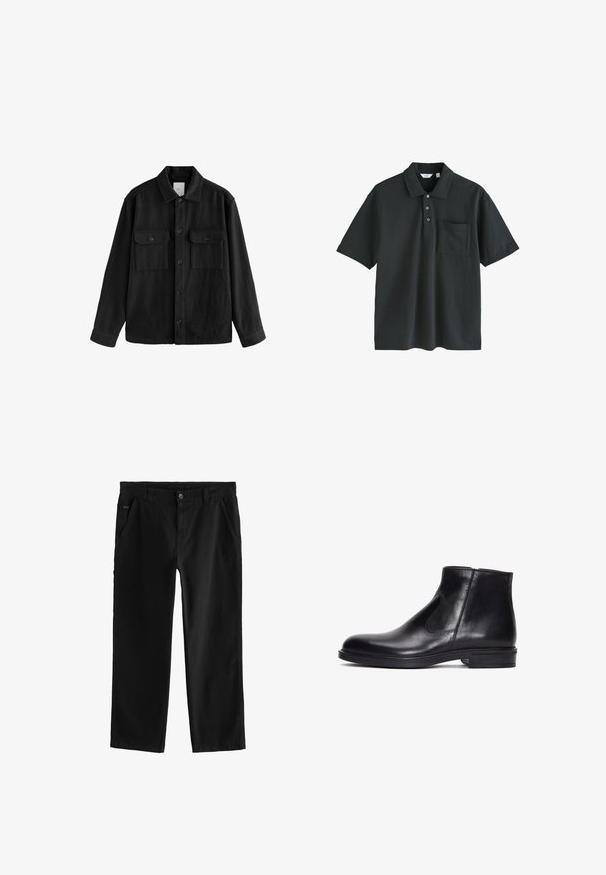 Schwarzes, übergroßes Hemd aus weichem Material, mit langen Ärmeln, zwei Brusttaschen, Knopfverschluss und klassischem Kragen.; Schwarzes Poloshirt aus Baumwolle mit einem Kragen, drei Knöpfen, kurzen Ärmeln und einer Brusttasche.; Schwarze Baumwollhose mit geradem Bein, ausgestattet mit einem vorderen Knopfverschluss, schrägen Seitentaschen und dezenten Nähten.; Derimod Stiefelette - black