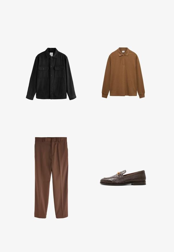 Zwarte oversized shirt gemaakt van zachte stof, met lange mouwen, twee borstzakken, een knoopsluiting aan de voorkant en een klassiek kraagontwerp.; Bruine longsleeve polo shirt gemaakt van katoen, met een kraag, knoopsluiting en geribbelde manchetten; gladde textuur en relaxte pasvorm.; Bruine op maat gemaakte broeken met een gladde textuur, recht model, riemlussen en een enkele voorplooien. Geen zichtbare zakken of accenten.; Donkerbruin leren instapper met krokodillenpatroon, gouden metalen gesp en lage gestapelde hak, zijaanzicht op witte achtergrond.