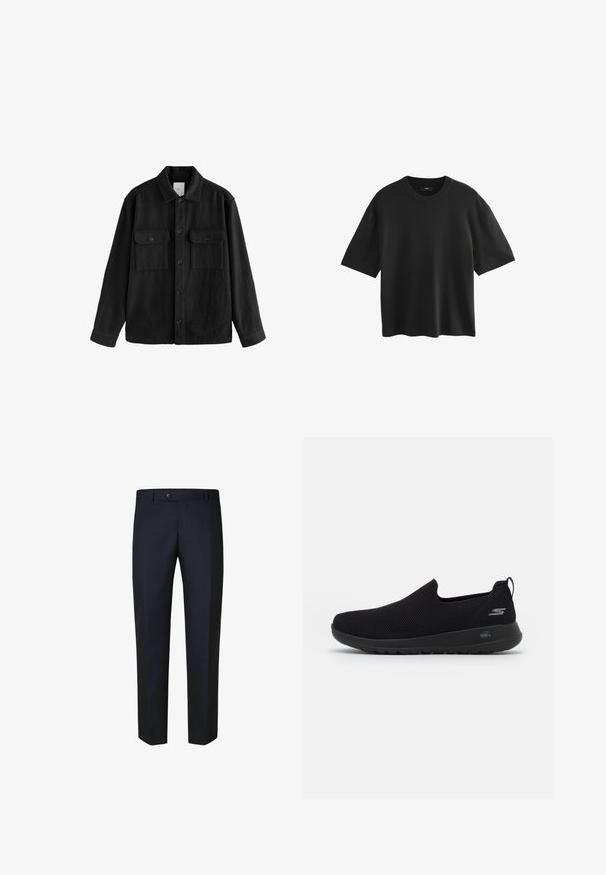 Camicia nera oversize in tessuto morbido, con maniche lunghe, due tasche sul petto, chiusura a bottoni e un classico design del colletto.; T-shirt nera a maniche corte realizzata in tessuto morbido, con scollatura rotonda e una vestibilità rilassata, priva di motivi o grafiche visibili.; Pantaloni da cerimonia blu navy con vestibilità dritta, caratterizzati da chiusura a bottone e tessuto liscio e testurizzato senza motivi o decorazioni.; Sneaker nera slip-on con tomaia in rete traspirante, punta rotonda e suola in gomma imbottita. Presenta un logo sul lato.