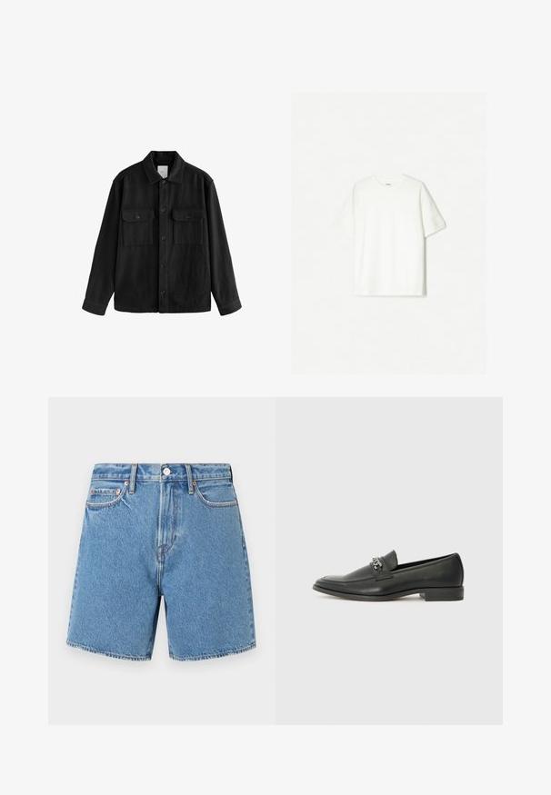 Černá oversized košile vyrobená z měkké látky, s dlouhými rukávy, dvěma náprsními kapsami, předním zapínáním na knoflíky a klasickým límcem.; Bílý krátký rukáv tričko vyrobené z měkké bavlny. Design s kulatým výstřihem a uvolněným střihem, bez viditelných log nebo vzorů.; Džínové kraťasy v světle modré. Nepřerušená tkanina se pěti kapsami, zapínání na knoflík a decentní švy podél okrajů a kapes.; Černé kožené mokasíny s hladkým povrchem, s prošívaným designem a dekoračním kovovým řetízkem přes nárt. Plochý podpatek.