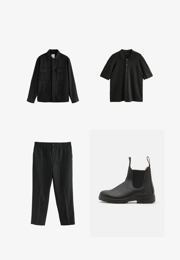 Černá oversized košile vyrobená z měkké látky, s dlouhými rukávy, dvěma náprsními kapsami, předním zapínáním na knoflíky a klasickým límcem.; Černé polo tričko s krátkým rukávem z texturované látky, s knoflíkovým zapínáním a kapsou na hrudi. Knoflíky jsou tmavé a lesklé.; Černé kalhoty vyrobené z látky, které mají elastický pás a jeden knoflík. Rovný střih bez viditelných kapes.; Černá kožená Chelsea obuv s elastickými bočními panely, poutkem na patě, robustní gumovou podrážkou a prošívanými detaily. Hladký povrch po celém obvodu.