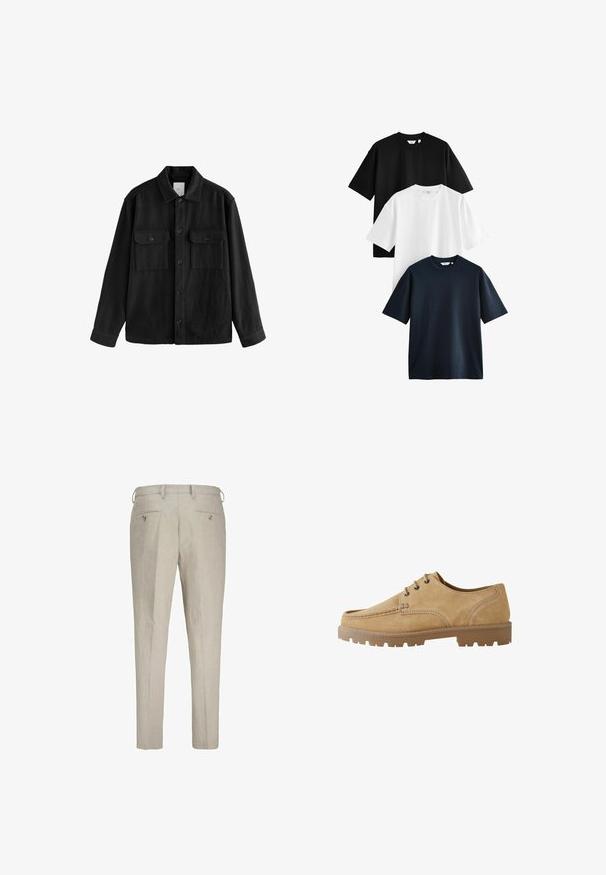 Fekete, túlnyúló ing puha anyagból, hosszú ujjakkal, két mellzsebbel, gombos elülső résszel és klasszikus gallér dizájnnal.; Három rövid ujjú póló egymásra téve: egy fekete, egy fehér és egy tengerészkék. Pamutból készült, kerek nyakkivágással és laza fazonnal.; Világos bézs színű vászon nadrág, textúrált felülettel. Két gombos hátsó zsebbel és állítható derékpánttal rendelkezik.; Barna velúr fűzős cipő, lekerekített orral, eltérő varrással és vastag gumitalppal, ami tapadást biztosító barázdákkal rendelkezik.