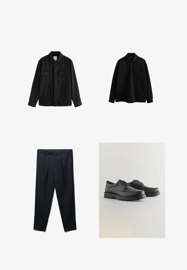 Schwarzes, übergroßes Hemd aus weichem Material, mit langen Ärmeln, zwei Brusttaschen, Knopfverschluss und klassischem Kragen.; Schwarzes Poloshirt mit langen Ärmeln, Kragen, zwei Brusttaschen, fünf Knöpfen und einer lockeren Passform. Hergestellt aus weichem, strukturiertem Stoff.; Schwarze, maßgeschneiderte Herrenhose mit Gürtelschlaufen, Knopfverschluss und Seitentaschen auf einem weißen Hintergrund.; Schwarze Lederschuhe mit strukturiertem Obermaterial, runder Spitze, Schnürdesign und dicken Gummisohlen mit einem Profil.