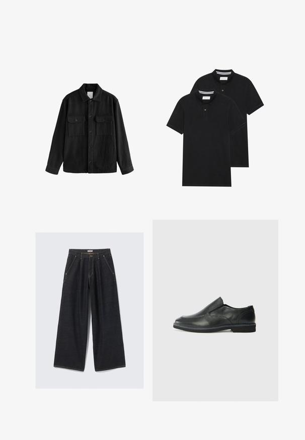 Camisa negra de gran tamaño confeccionada con una tela suave, con mangas largas, dos bolsillos en el pecho, cierre de botones y un diseño de cuello clásico.; Dos camisetas polo negras, de manga corta, de material de algodón, que presentan un cuello clásico, una tapeta de dos botones y acentos de rayas blancas en el interior del cuello.; Jeans de pierna ancha azul oscuro con pliegues frontales, bolsillos inclinados, presillas para cinturón y cierre de botón en la cintura con la etiqueta "WEEKDAY."; Zapato negro de cuero sin cordones con un upper suave, detalles de costura, punta redonda y un bajo tacón de goma. La suela presenta una tracción mínima.