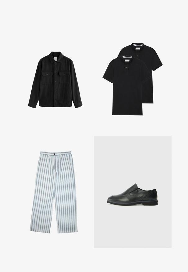 Melna pārspīlēta krekla, kas izgatavots no mīksta auduma, iezīme ir garas piedurknes, divas krūšu kabatas, pogu aizdare un klasiskā apkakle.; Divas melnas polo krekli, īsām piedurknēm, no kokvilnas materiāla, ar klasisku apkakli, divu pogu aizdari un balti svītroti akcenti apkakles iekšpusē.; Gaismas, lina maisījuma bikses ar ziliem un baltiem vertikāliem svītrām, ar pogu aizdari un plašu, brīvu piegriezumu.; Melnas ādas slip-on kurpes ar gludu augšdaļu, izšūtām akcentiem, noapaļotu purngala daļu un zemu gumijas papēdi. Zole ar minimālu rakstu.