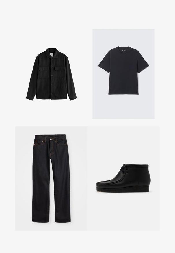 Fekete, túlnyúló ing puha anyagból, hosszú ujjakkal, két mellzsebbel, gombos elülső résszel és klasszikus gallér dizájnnal.; Fekete pamut T-Shirt klasszikus kerek nyakkivágással, rövidujjakkal és laza szabással. Sima textúra minimális varrási részletekkel.; Férfi egyenes szabású fekete farmernadrág öt zsebbel és narancssárga varrással, gombos és cipzáros záródással elöl.; Fekete bőr bokacsizma lekerekített orral, varrott részletekkel és puha gumitalppal. Elöl fűzős kialakítással rendelkezik.