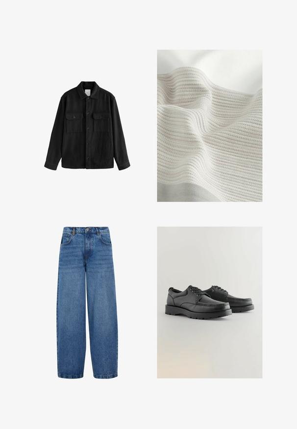 Juodas per didelis marškinis, pagamintas iš minkštos medžiagos, su ilgomis rankovėmis, dviem krūtinės kišeliais, mygtukais priekyje ir klasikiniu apykaklės dizainu.; Tekstūruotas audinys su šviesiai pilkomis ir kreminėmis juostelėmis. Minkšta medžiaga su banguota išvaizda, akcentuojanti audimo raštą ir švelnias raukšles.; Plati kojos džinsai vidutinio mėlynumo džinsinio audinio. Turintys aukštą liemenį, klasikinį penkių kišenių dizainą ir subtilų dėvėjimąsi palei kojas. Standartinė apykaklė.; Juodos odinės bateliai su tekstūruota viršutine dalimi, apvaliu priekiu, raištelių dizainu ir storais guminiais padais su protektoriumi.