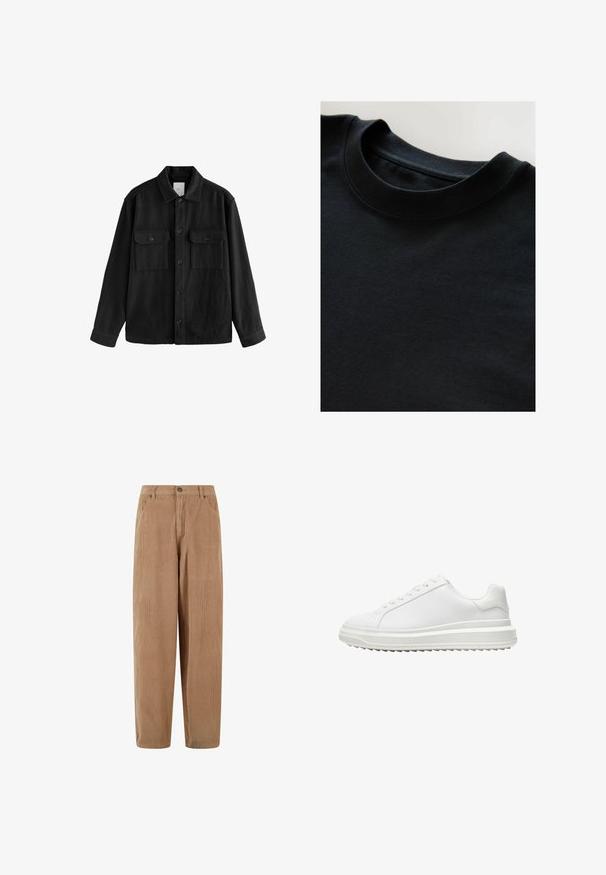Schwarzes, übergroßes Hemd aus weichem Material, mit langen Ärmeln, zwei Brusttaschen, Knopfverschluss und klassischem Kragen.; Schwarzes Rundhals-T-Shirt aus weichem, strukturiertem Stoff, mit kurzen Ärmeln und einem glatten Ausschnitt. Einfaches Design ohne Muster oder Drucke.; Samtstoffhosen in Hellbraun mit geradem Schnitt, ausgestattet mit einem Knopfverschluss und seitlichen Taschen, strukturiertem, geripptem Material.; Weißer Sneaker mit einem glatten synthetischen Obermaterial, runder Spitze, flachen Schnürsenkeln, strukturiertem Sohlen und einem geschichteten, Plattform-Design für zusätzlichen Halt.