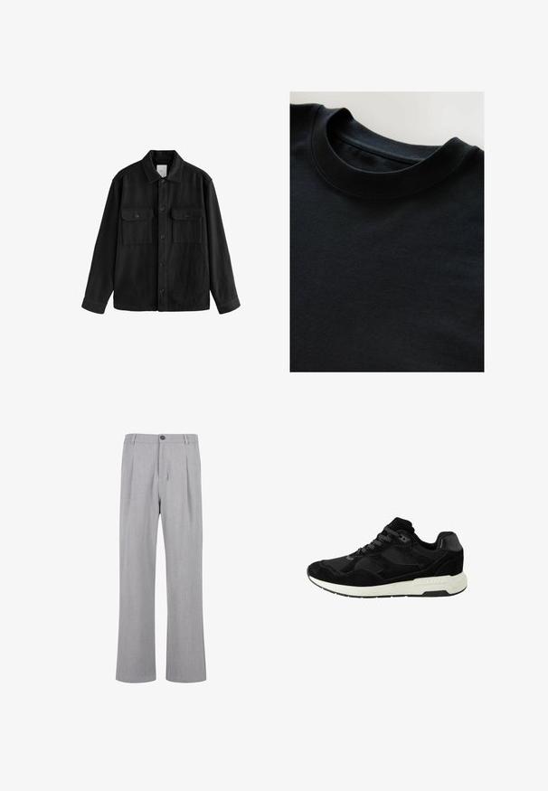 Crna oversized košulja od mekog materijala, s dugim rukavima, dva džepa na prsima, gumbom sprijeda i klasičnim dizajnom ovratnika.; Crna majica s kratkim rukavima i okruglim izrezom, izrađena od mekog, teksturiranog materijala. Jednostavan dizajn, bez uzoraka ili printova.; Sive plisirane hlače od lagane tkanine, s kopčanjem na dugme, širokim nogavicama i glatkom teksturom s neprimjetnim uzorkom.; Crne atletske cipele od antilopa i mrežaste tkanine, s okruglim nožnim dijelom, vezanjem na vezice i bijelim gumiranim potplatima s teksturiranim akcentima.