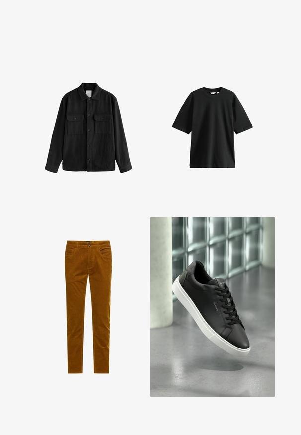 Czarna, oversize koszula wykonana z miękkiego materiału, z długimi rękawami, dwiema kieszeniami na piersi, z przodem zapinanym na guziki oraz klasycznym kołnierzem.; Czarna koszulka z krótkim rękawem, wykonana z bawełny, z okrągłym dekoltem i luźnym krojem, o miękkiej teksturze i minimalnych detalach.; Brązowe spodnie z korduroju o dopasowanym kroju, z pięcioma kieszeniami, z przodem zapinanym na guzik oraz charakterystyczną prążkowaną teksturą na całej powierzchni.; Czarne skórzane sneakersy z białą gumową podeszwą, okrągłym noskiem i sznurowadłami. Charakteryzują się gładką fakturą i subtelnym logo na języku.
