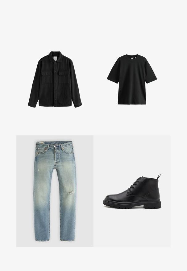 Must have suure ja pehmest kangast oversize-särk, millel on pikad varrukad, kaks rinnataskut, nööpidega esiosa ja klassikaline krae.; Must musta värviline t-särk, mis on valmistatud puuvillast, on ümar kaelus ja lahtine lõige, millel on pehme tekstuur ja minimaalne kaunistus.; Heledad sinine teksarihm koos sirge säärega, viis taskut, nööbiga sulgemine ning väikesed kulumisaugud vasakul reitel ja paremal põlvel.; Mustad mustad nahast pahkluu saapad, millel on nööriga esitamine, tekstuuriga talla ja tõmbeaas. Ümar varvas ja tugev, haardevõimet suurendav kummist välistald.