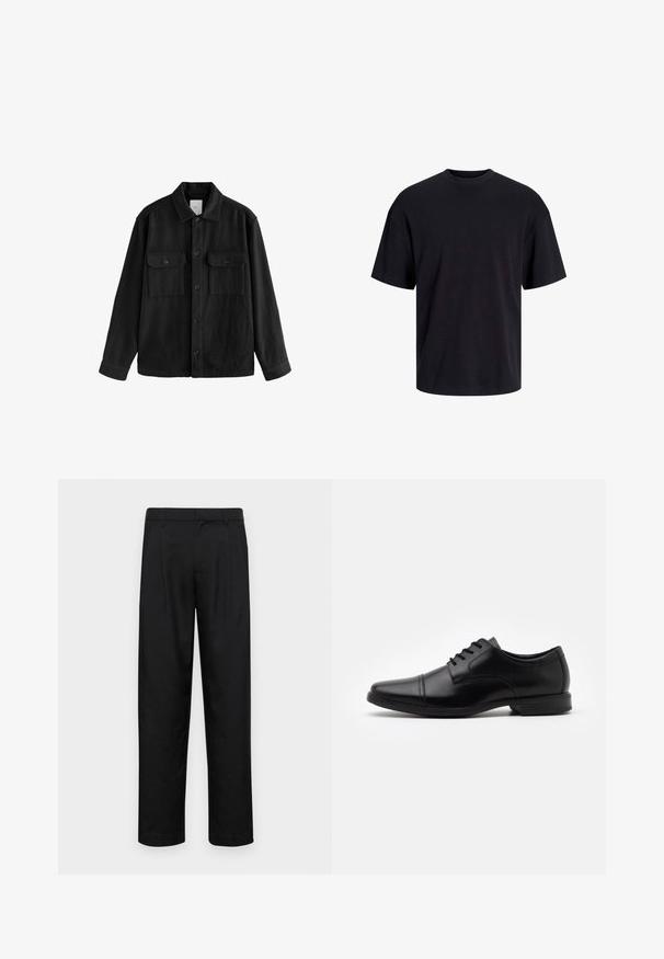 Sort oversized skjorte lavet af blødt stof, med lange ærmer, to brystlommer, knaplukning foran og en klassisk kravedesign.; Sort bomulds t-shirt med rund hals, korte ærmer og en afslappet pasform. Glat tekstur uden synlige mønstre eller accenter.; Sorte bukser lavet af glat stof, med et lige ben-design, to frontfolder og en standard talje med bæltestropper.; Sorte lædersko med spids tå, snørelukning, diskrete stikninger og en lav, struktureret gummisål.