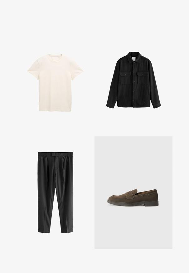 Černá oversized košile vyrobená z měkké látky, s dlouhými rukávy, dvěma náprsními kapsami, předním zapínáním na knoflíky a klasickým límcem.; Krémová bavlněná tričko s krátkými rukávy, kulatým výstřihem a mírně texturovanou tkaninou. Žádné viditelné vzory nebo grafika.; Next REGULAR FIT -CHECK SMART - Chino kalhoty - black; Hnědé semišové loafer boty s kulatou špičkou, páskem přes nárt a plochou gumovou podrážkou. Jednoduchý design s čistými liniemi a minimálním zdobením.