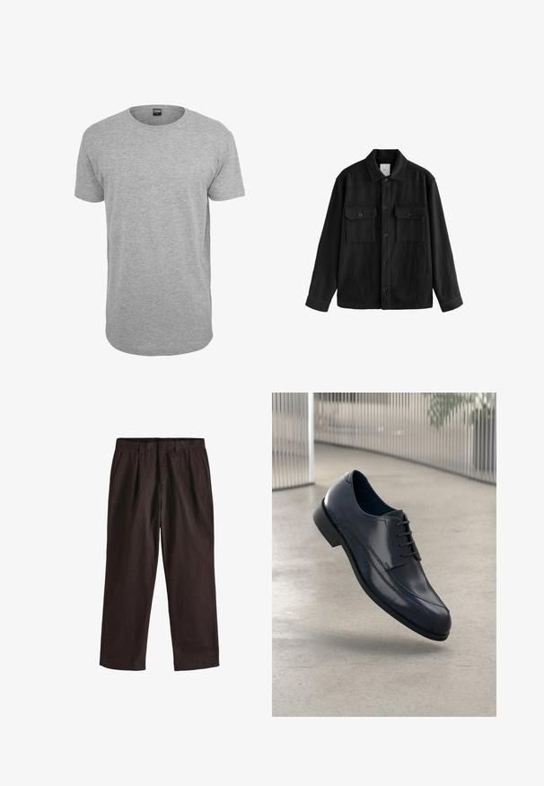 Sort oversized skjorte lavet af blødt stof, med lange ærmer, to brystlommer, knaplukning foran og en klassisk kravedesign.; Grå bomulds T-shirt med rund hals, korte ærmer, lige kant og en blød tekstur; minimal branding synlig ved halsudskæringen.; Next EDIT - REGULAR FIT - Bukser - brown; Skinnende sorte læderdressko med snørebånd, svævende over et glat, lys grå gulv og lodrette metalstænger i baggrunden.
