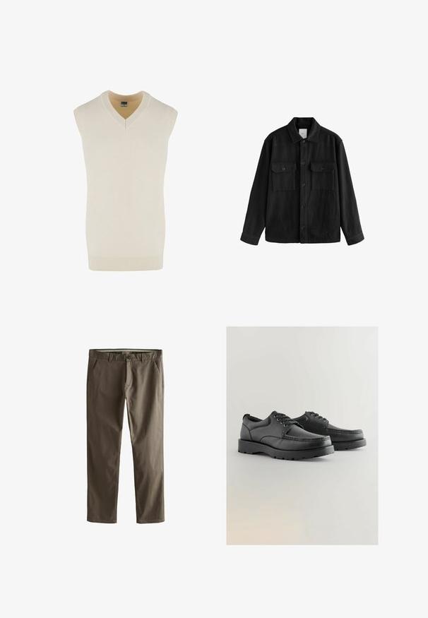 Camisa negra de gran tamaño confeccionada con una tela suave, con mangas largas, dos bolsillos en el pecho, cierre de botones y un diseño de cuello clásico.; Suéter sin mangas de color crema con cuello en V, hecho de un suave tejido de punto. Presenta un cuello y un dobladillo inferior acanalados, además de un diseño de corte recto.; Chinos de algodón marrones con un diseño de pierna recta, bolsillos frontales y cierre de botón. Presenta una textura suave y líneas limpias.; Zapatos de cuero negro con texturizado en la parte superior, punta redonda, diseño con cordones y suelas de goma gruesa con un patrón de relieve.
