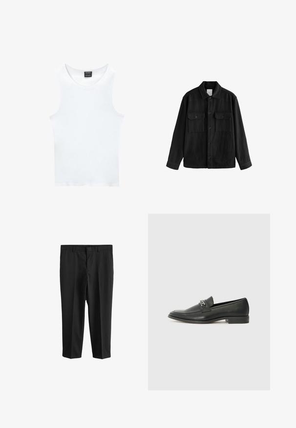 Camicia nera oversize in tessuto morbido, con maniche lunghe, due tasche sul petto, chiusura a bottoni e un classico design del colletto.; Top senza maniche bianco realizzato in cotone a costine. Presenta un collo rotondo e una texture liscia. L'etichetta riporta "PULL&BEAR."; Next REGULAR FIT - Pantaloni eleganti - black; Mocassino in pelle nera con finitura liscia, caratterizzato da un design cucito e da un accento decorativo in catena metallica sul vamp. Tacco piatto.