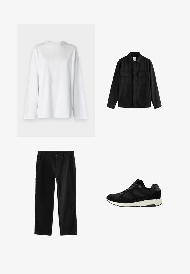 Camicia nera oversize in tessuto morbido, con maniche lunghe, due tasche sul petto, chiusura a bottoni e un classico design del colletto.; Weekday OVERSIZED LONG SLEEVE - Maglietta a manica lunga - white; Pantaloni in cotone neri con design a gamba dritta, caratterizzati da una chiusura frontale con bottone, tasche laterali angolate e dettagli di cucitura discreti.; Scarpa atletica nera in suede e mesh, con punta rotonda, chiusura con lacci e suola in gomma bianca con dettagli testurizzati.