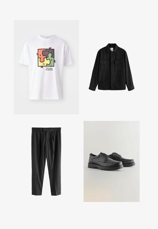 Melna pārspīlēta krekla, kas izgatavots no mīksta auduma, iezīme ir garas piedurknes, divas krūšu kabatas, pogu aizdare un klasiskā apkakle.; Baltas T-kreklis ar kvadrāta puzles grafiku, kurā ir sarkani, zaļi, dzelteni un melni elementi. Uzraksts "jaunie oriģināli". Mīksts kokvilnas materiāls.; Next REGULAR FIT -CHECK SMART - Chinos tipa bikses - black; Melnas ādas kurpes ar teksturētu virsotni, apaļu purngali, auklu aizdari, un biezām gumijas zolēm ar profilētu rakstu.