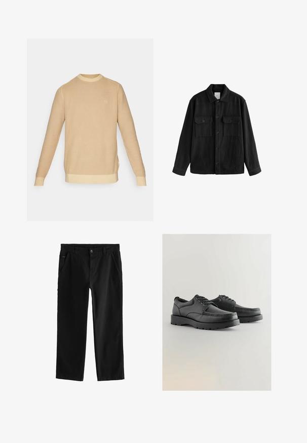 Musta ylipitkä paita, joka on valmistettu pehmeästä kankaasta. Paidan ominaisuuksiin kuuluvat pitkät hihat, kaksi rintataskua, nappisulku ja klassinen kaulussuunnittelu.; Beige neulepusero, jossa on pyöreä kaula-aukko, ribbaus hihansuissa ja helmassa. Sisältää hillityn tekstuurin ja pienen logon edessä.; Mustat puuvillahousut suoralla lahkeella, joissa on etu-napitus, viistot sivutaskut ja hienovaraiset ompeluyksityiskohdat.; Mustat nahkakengät, joissa on teksturoitu pinta, pyöreä kärki, nauhakiinnitys ja paksut kumipohjat, joissa on kuvio.