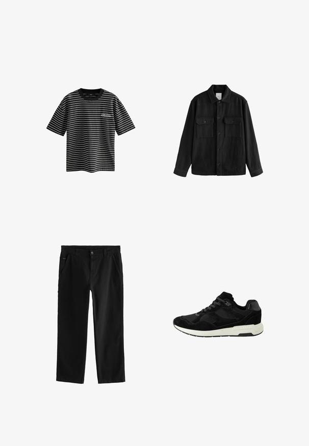 Black oversized shirt made of soft fabric, featuring long sleeves, two chest pockets, a button front, and a classic collar design.; Black and white striped T-shirt with short sleeves and a crew neck. Features "Copenhagen" text design on the front. Made of smooth fabric.; Black cotton pants with a straight leg design, featuring a front button closure, angled side pockets, and subtle stitching details.; Black athletic shoe made of suede and mesh, featuring a rounded toe, lace closure, and a white rubber sole with textured accents.