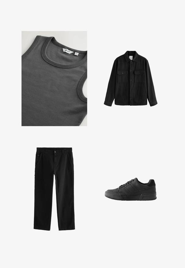 Schwarzes, übergroßes Hemd aus weichem Material, mit langen Ärmeln, zwei Brusttaschen, Knopfverschluss und klassischem Kragen.; Dunkelgraues, geripptes, ärmelloses Tanktop mit rundem Ausschnitt und einem sichtbaren Etikett am Kragen.; Schwarze Baumwollhose mit geradem Bein, ausgestattet mit einem vorderen Knopfverschluss, schrägen Seitentaschen und dezenten Nähten.; Schwarze Sneakers mit einem Obermaterial aus glattem Leder, kontrastierenden Wildlederelementen, strukturiertem Design und einer strukturierten Gummisohle.