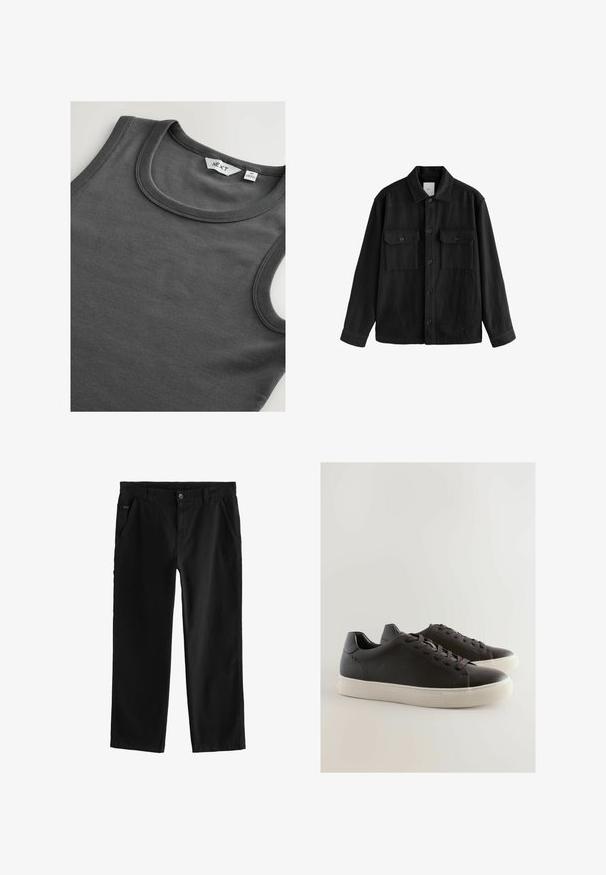 Crna oversized košulja od mekog materijala, s dugim rukavima, dva džepa na prsima, gumbom sprijeda i klasičnim dizajnom ovratnika.; Tamni sivi rebrasti majica bez rukava s okruglim izrezom i vidljivom etiketom na ovratniku.; Crne pamučne hlače s ravnim nogavicama, s prednjim zatvaranjem na dugme, koso postavljenim bočnim džepovima i suptilnim detaljima šivanja.; Crne kožne tenisice s teksturiranim završetkom, s pertlama, gumeni potplat i kontrastni bijeli rub, s diskretnim naglašenim šavovima.
