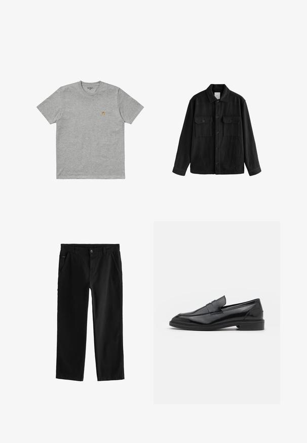 Zwarte oversized shirt gemaakt van zachte stof, met lange mouwen, twee borstzakken, een knoopsluiting aan de voorkant en een klassiek kraagontwerp.; Carhartt WIP CHASE - T-shirt basic - grey; Zwarte katoenen broek met een rechte pijpdesign, voorzien van een knoopsluiting aan de voorkant, schuine zijzakken en subtiele stikdetails.; Zwarte leren instappers met een gladde afwerking, voorzien van een ronde neus en een smalle band over de bovenkant. Lage gestapelde hak.