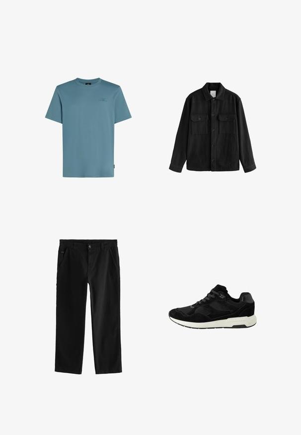 Camicia nera oversize in tessuto morbido, con maniche lunghe, due tasche sul petto, chiusura a bottoni e un classico design del colletto.; T-shirt di cotone azzurro chiaro con collo a giro, maniche corte e un piccolo logo stampato in una tonalità più scura sul petto.; Pantaloni in cotone neri con design a gamba dritta, caratterizzati da una chiusura frontale con bottone, tasche laterali angolate e dettagli di cucitura discreti.; Scarpa atletica nera in suede e mesh, con punta rotonda, chiusura con lacci e suola in gomma bianca con dettagli testurizzati.