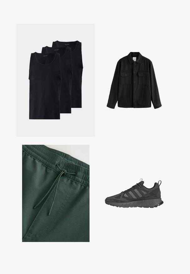 Sort oversized skjorte lavet af blødt stof, med lange ærmer, to brystlommer, knaplukning foran og en klassisk kravedesign.; Sorte bomuld tanktoppe i en pakke med tre, med rund halsudskæring og ærmeløs design, glat tekstur og en klassisk pasform.; Mørkegrønne sweat shorts med elastisk talje og snørelukning, glat tekstur og synlige stingdetaljer. Enkel, funktionel design.; Sorte træningssko med overdel i mesh og ruskind, tekstureret gummisål, polstret krave og et markant tre-stripes design i grå.