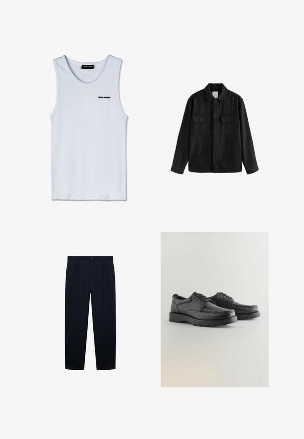 Schwarzes, übergroßes Hemd aus weichem Material, mit langen Ärmeln, zwei Brusttaschen, Knopfverschluss und klassischem Kragen.; Weißes ärmelloses Tanktop mit schwarzem "PEGADOR"-Logo auf der Brust und einem schwarzen Etikett mit "PEGADOR M" am Halsausschnitt.; Marineblaue, flache Hosen aus leichtem Stoff mit glatter Textur; verfügen über einen Knopfverschluss und zwei Seitentaschen.; Schwarze Lederschuhe mit strukturiertem Obermaterial, runder Spitze, Schnürdesign und dicken Gummisohlen mit einem Profil.