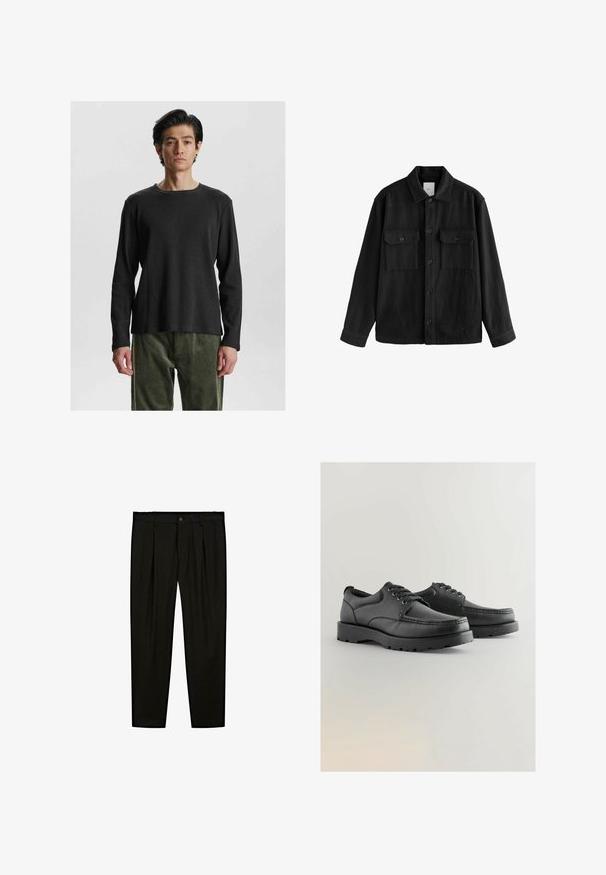 Zwarte oversized shirt gemaakt van zachte stof, met lange mouwen, twee borstzakken, een knoopsluiting aan de voorkant en een klassiek kraagontwerp.; Zwarte, lange mouwen ribbel shirt met een ronde hals. Kenmerkt zich door een gestructureerde stof en een relaxte pasvorm, gecombineerd met olijfgroene, zacht aanvoelende broek.; Zwarte op maat gemaakte broeken van soepel materiaal. Kenmerken zijn een platte voorkant, brede pijpen en een knoopsluiting bij de taille.; Zwarte leren schoenen met een gestructureerde bovenkant, ronde neus, vetersluiting en dikke rubberen zolen met een patroon.