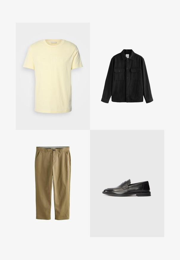 Melna pārspīlēta krekla, kas izgatavots no mīksta auduma, iezīme ir garas piedurknes, divas krūšu kabatas, pogu aizdare un klasiskā apkakle.; GANT TONAL SHIELD - Apdrukāts T-krekls - yellow shine; Kaki chinos no kokvilnas auduma, ar divām sānu kabatām, pogu aizdari, taisnām kājām un gludu tekstūru.; Melnas ādas vīriešu loaferi ar zemu papēdi un horizontāla jostas detaļa augšpusē, attēloti no sāniem uz balta fona.
