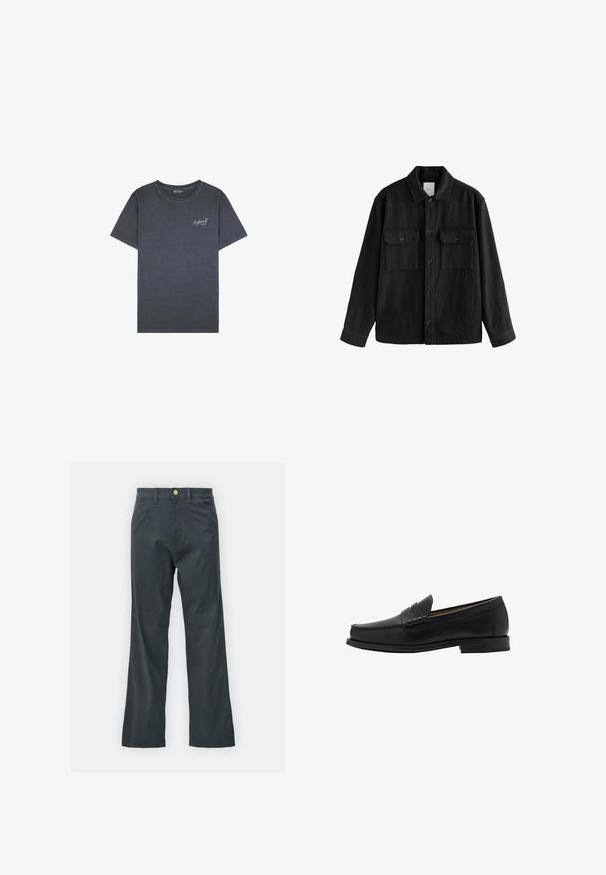 Černá oversized košile vyrobená z měkké látky, s dlouhými rukávy, dvěma náprsními kapsami, předním zapínáním na knoflíky a klasickým límcem.; Scalpers HOTEL - Triko s potiskem - dark blue; Černé kalhoty s rovnými nohavicemi, vyrobené z bavlněné směsi. Mají kovové zapínání a boční kapsy. Bez viditelných vzorů.; Mango Elegantní nazouvací boty - black