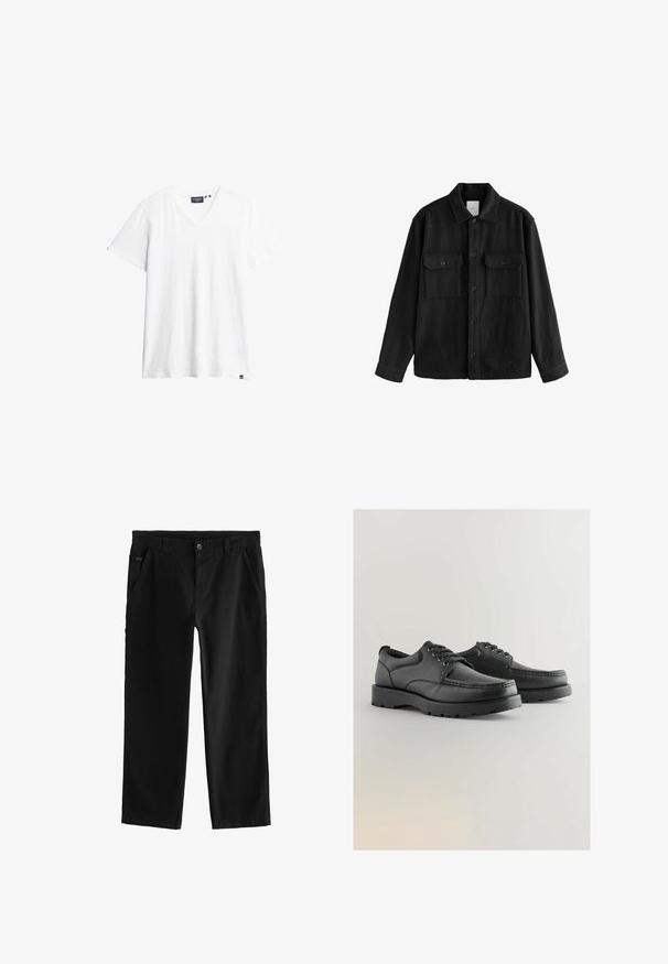 Zwarte oversized shirt gemaakt van zachte stof, met lange mouwen, twee borstzakken, een knoopsluiting aan de voorkant en een klassiek kraagontwerp.; Witte V-hals t-shirt van zachte stof. Korte mouwen met een relaxed fit. Klein merklabel aan de onderkant van de linkerkant van de zoom. Minimalistisch ontwerp.; Zwarte katoenen broek met een rechte pijpdesign, voorzien van een knoopsluiting aan de voorkant, schuine zijzakken en subtiele stikdetails.; Zwarte leren schoenen met een gestructureerde bovenkant, ronde neus, vetersluiting en dikke rubberen zolen met een patroon.