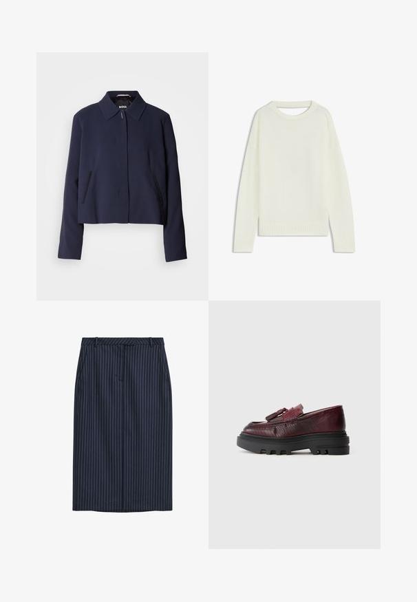 Marineblaues cropped Jacket mit spitzem Kragen, vorderem Knopfverschluss, seitlichen Taschen und glatter Stoffoberfläche. Logo innen sichtbar.; Hellbeige Pullover mit Rundhalsausschnitt, langen Ärmeln, geripptem Saum und weicher Textur. Keine Muster oder sichtbaren Hardware-Details.; Marineblaue Nadelstreifen-Bleistiftrock mit geradem Schnitt, Fronttaschen, einem Bund und einer glatten Textur. Keine sichtbaren Verschlüsse oder Schließungen.; Burgunderfarbene Lederloafer mit strukturiertem Finish, ausgestattet mit einer klobigen schwarzen Sohle und einem kleinen Quastenakzent auf der Vorderseite.