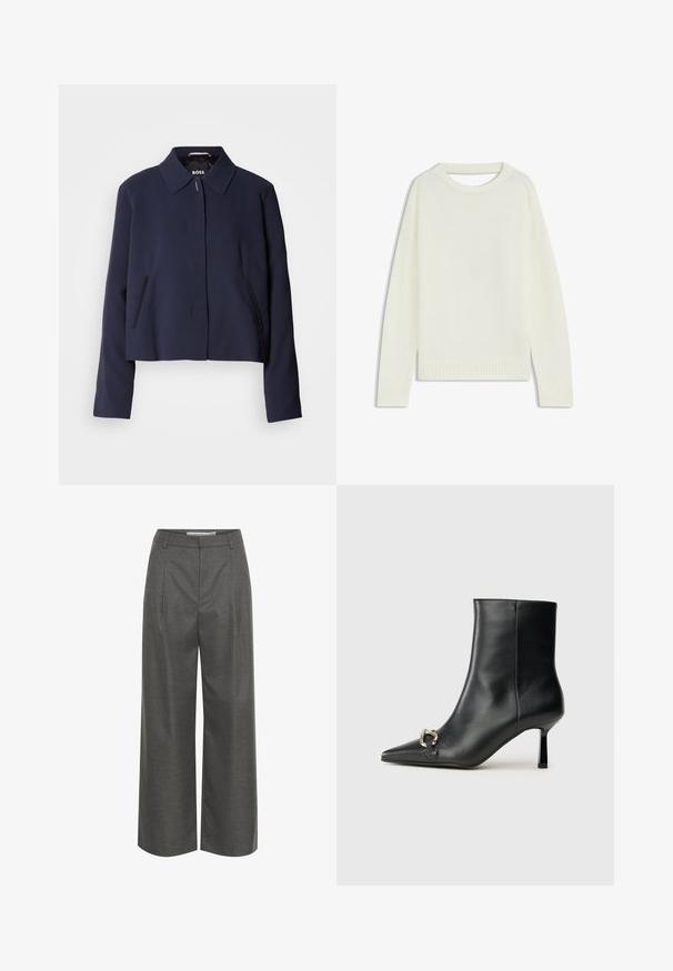 Navy blue cropped jacket with a pointed collar, front button closure, side pockets, and a smooth fabric finish. Logo displayed inside.; Light cream sweater featuring a round neck, long sleeves, ribbed hem, and a soft texture. No patterns or visible hardware details.; Gray wide-leg trousers made of textured fabric, featuring a high waist and front pleats, with no visible pockets or hardware details.; Black leather ankle boot with pointed toe, slim mid-height heel, and silver buckle detail on side against plain background.