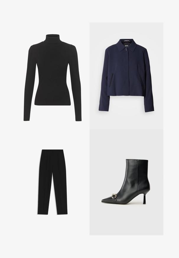 Navy blue cropped jacket with a pointed collar, front button closure, side pockets, and a smooth fabric finish. Logo displayed inside.; Black turtleneck top made of ribbed fabric, featuring long sleeves and a fitted silhouette. Smooth texture with subtle shoulder detailing.; Black trousers with a straight fit, featuring double pleats, a smooth texture, and a classic waistband design. No visible hardware or accents.; Black leather ankle boot with pointed toe, slim mid-height heel, and silver buckle detail on side against plain background.