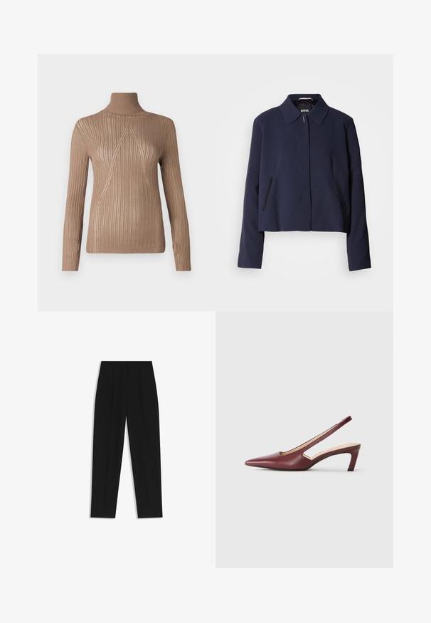 Navy blue cropped jacket with a pointed collar, front button closure, side pockets, and a smooth fabric finish. Logo displayed inside.; Beige turtleneck sweater with ribbed texture and long sleeves, featuring a triangular stitch pattern along the front for added detail.; Black trousers with a straight fit, featuring double pleats, a smooth texture, and a classic waistband design. No visible hardware or accents.; Burgundy slingback heels with a pointed toe, cutout details on the side, and a mid-height block heel. Smooth leather finish.