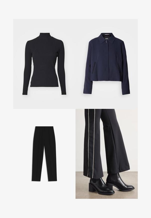 Marinblå croppad jacka med spetsig krage, knappstängning fram, sidofickor och en slät tygfinish. Logotypen syns inuti.; Svart ribbad polotröja med långa ärmar. Tillverkad av stretchigt tyg med en figurnära passform och hög krage. Enkelt designad utan utsmyckningar.; Svarta byxor med rak passform, med dubbla fickor, en slät yta och en klassisk midje-design. Ingen synlig hårdvara eller detaljer.; Svarta läderankelboots med klack, med elastiska sidopaneler. I kombination med svarta byxor som har en vit sidostrip.